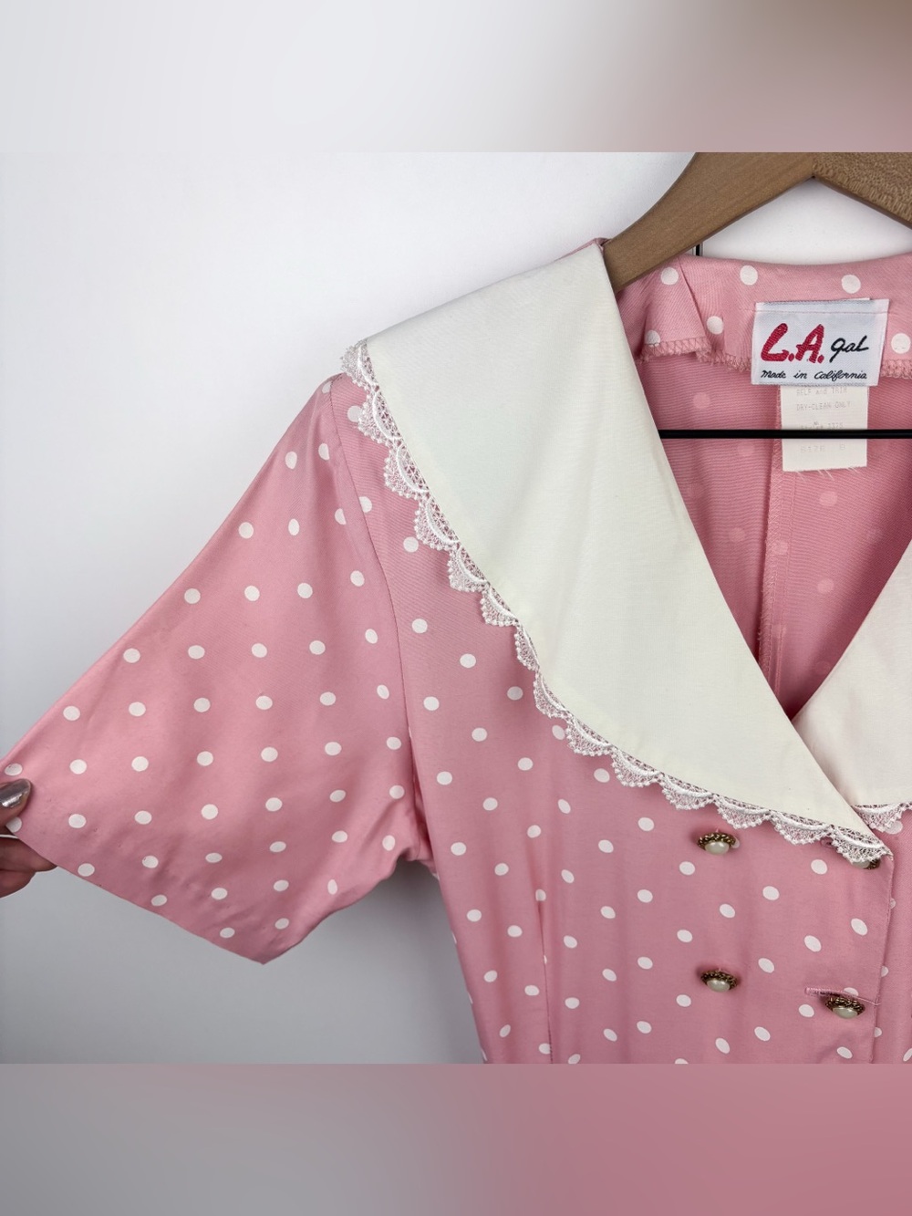 Vintage 80s Polka Dot Lace Collar Button Pink White Romper Coquette Retro Barbie - Picture 5 of 10